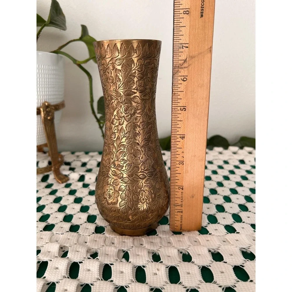 Vintage Etched Brass Floral Vase Made in India BIC 513 Boho Decor 7.5 Inch